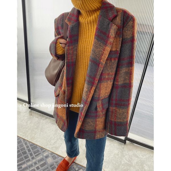 Misto lana da donna Blazer di lana scozzese da donna Giacca invernale in tweed Trench Cappotto elegante chic Cappotto di moda coreano Abiti Autunno Peluche 230830