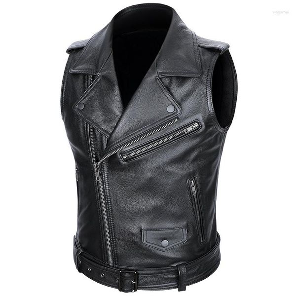 Gilet da uomo Gilet classico in pelle di vacchetta da motociclista Cerniera obliqua Giacche senza maniche in vera pelle Corteo di automobili slim