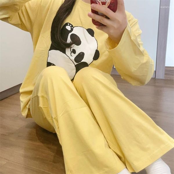 Pigiama da donna in puro cotone primaverile e autunnale coreano semplice cartone animato panda casual girocollo pantaloni a maniche lunghe abbigliamento per la casa