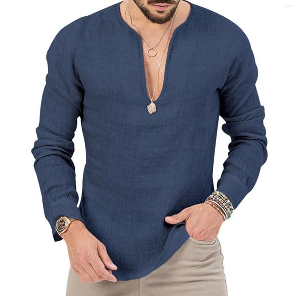 Camisetas masculinas têm alta camisa masculina moda primavera e verão casual manga comprida decote em v cor sólida top homens tee