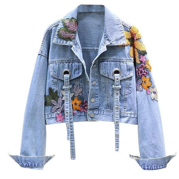 Jaquetas femininas primavera denim jaqueta feminina moda flores bordado lantejoulas jeans curto vintage solto streetwear257j