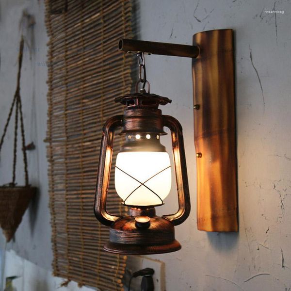 Duvar lambası Nostaljik Metal Retro Barn Fener Bambu Cam Sconce Bar Cafe Koridor Merdiven Salonu Balkon Çatı katı Antika Aydınlatma