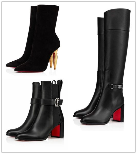 Зимние бренды Женские высокие ботинки роскошные дизайнерские дизайнерские красные замки Kate Botta Booty заостренные пальцы на высоких каблуках.