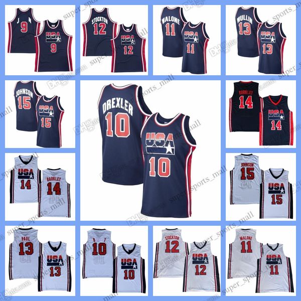 Maglie da basket retrò da uomo personalizzate XS-6XL 1992 15 Johnson 14 Barkley 7 Bird 10 Drexler 8 Pippen 11 Malone 12 Stockton Maglia cucita Qualsiasi nome Qualsiasi numero