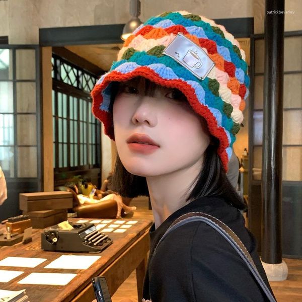 Berets American Retro Crochet Bucket Chapéus para Mulheres Handmade Tecelagem Colorida Conchas Chapéu de Malha Coréia Meninas Y2K Pescador Gorras