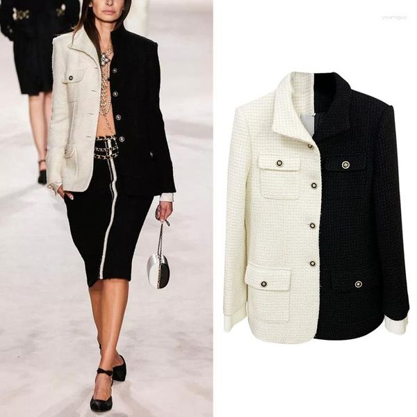 Abiti da donna Old Money Style Passerella Piccola fragranza Patchwork in bianco e nero Manica lunga Tweed Cappotto di lana Donna Autunno Inverno