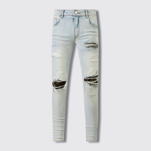 Designer roupas jeans homens moda calça europeu rasgado denim versão longa reta rock revival de alta qualidade carta moderna patch trabalho rasgado buraco pilha mens jean