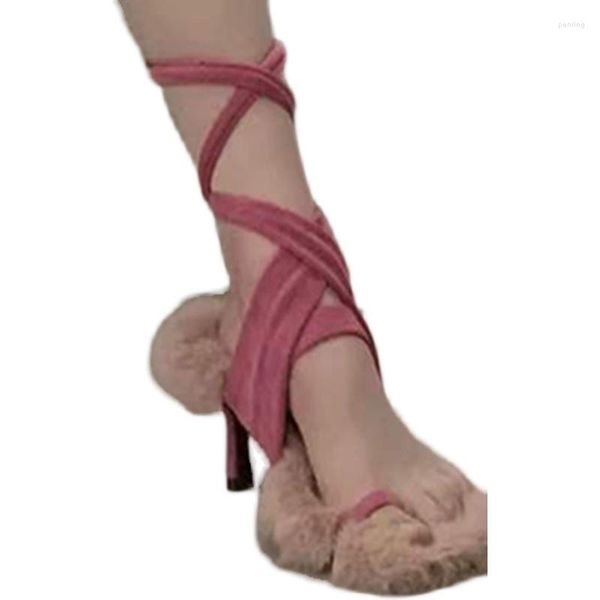 Kleidschuhe 2023 Rom Sandalen Sommer Rosa Feder Kreuz Riemchengürtel Plüsch Mode Party Stiletto Ferse Undichte Zehen Pom Poms