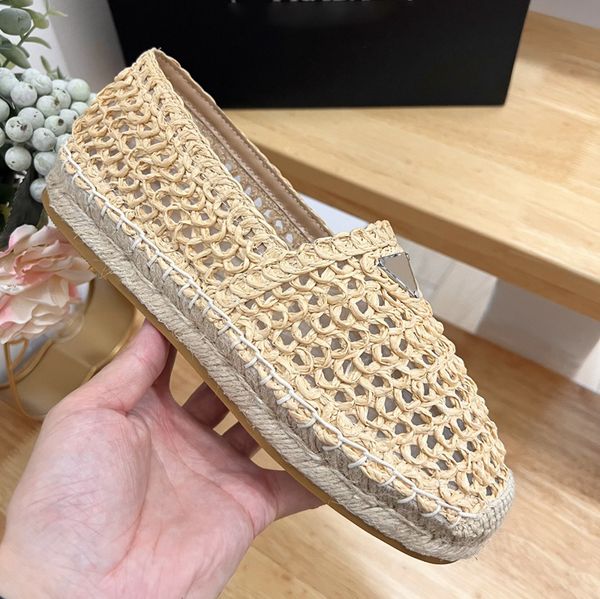 Damen gewebte flache Espadrille-Sandalen, modische Stroh-Pantoletten, gehäkelte Loafer, Hausschuhe, lässige Cut-out-Espadrilles, Gummiseilsohle