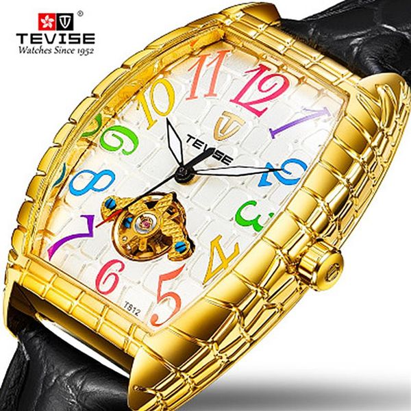 TEVISE orologio da uomo con quadrante quadrato design automatico cinturino in pelle orologio meccanico Tourbillon orologio sportivo militare223t