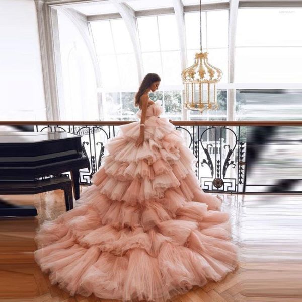 Sıradan elbiseler allık pembe resmi ekstra kabarık boncuklar boho gelinlik kapalı omuz poshoot kadın parti elbise uzun vestidos de festa