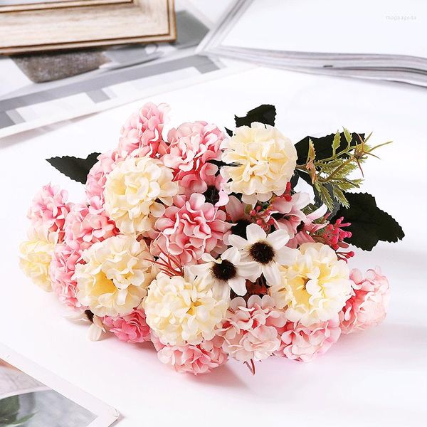 Fiori decorativi 29 cm di lunghezza bouquet di fiori artificiali di ortensia di seta rosa 15 teste e 4 boccioli finti per la decorazione domestica di nozze all'aperto