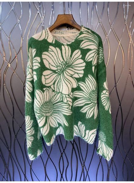 Suéteres femininos 2023 primavera outono moda de alta qualidade mohair tricô flor padrões manga longa casual verde jumpers outfit