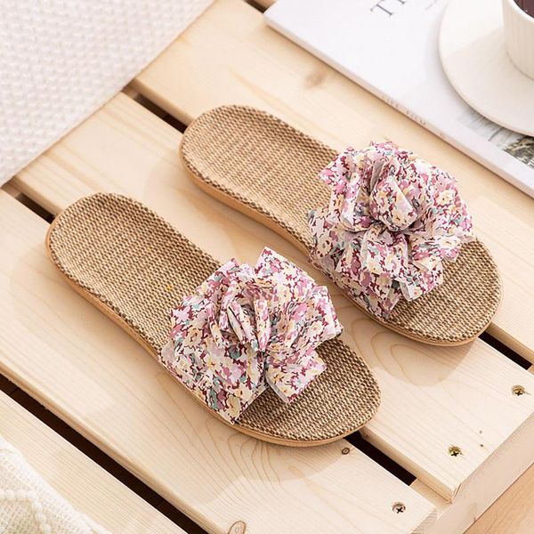 Chinelos para mulheres feminino flor decoração superior bohemia linho flip flops sapatos de praia sandálias de linho