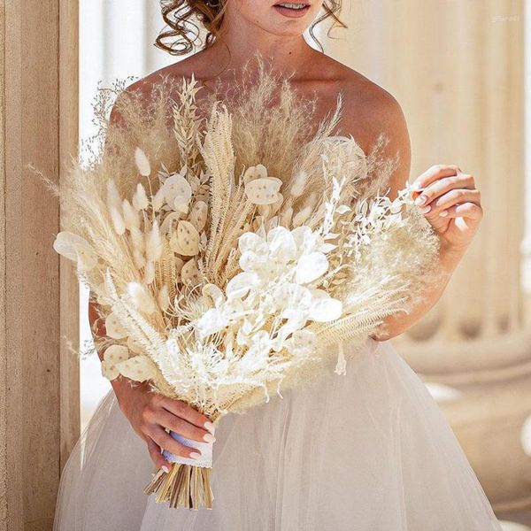 Fiori decorativi Bouquet da sposa di rosa pampa conservati di lusso Bouquet da sposa Boho Rustico essiccato per decorazioni per feste