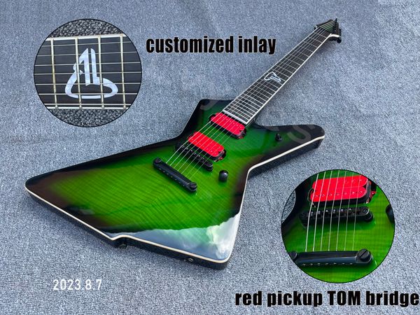 Электрическая гитара 7 струнная гитара зеленое пламя с черным лоп -черным черным грифом индивидуальной инкрустации HH Red Open Pole Pickups Black Parts