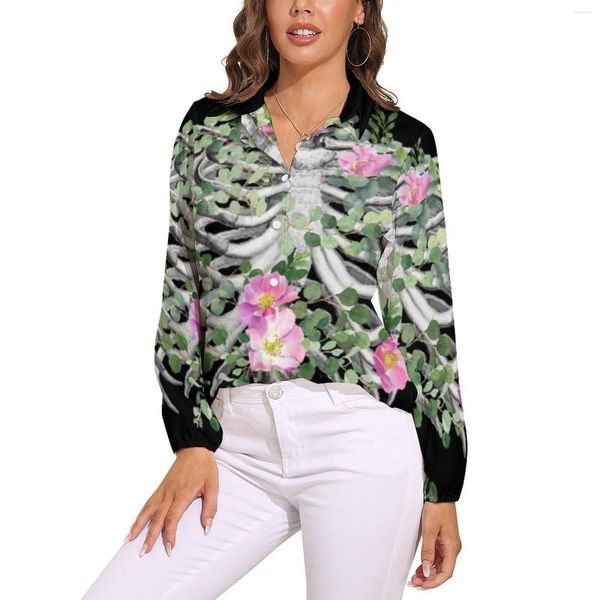 Camicette da donna Scheletro Camicetta con rose rosa Manica lunga Anatomia Gabbia toracica Fiori Stampa Ufficio Lavoro Camicia casual oversize da donna Top personalizzati