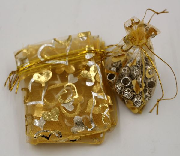 Hot Jewelry Packing 100Pcs Gold Heart Organza Pouch Wedding Favour Gift Bags ZZ