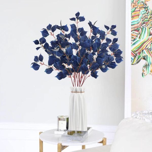 Flores decorativas 2 pçs azul longo eucalipto folhas vegetação artificial hastes plantas falsas ramos para casa casamento arranjo floral