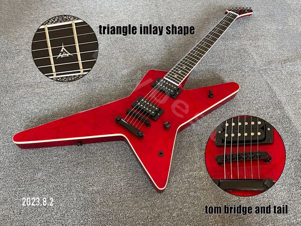 Chitarra elettrica trasparente colore rosso fiamma top tastiera in ebano triangolo forma intarsio singole parti nere rilegature bianche