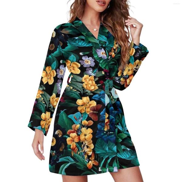 Damen-Nachtwäsche, bunte Blumen-Pyjama-Robe, Mitternachtsgarten, lange Ärmel, warme Pyjamas, Roben, Damen-V-Ausschnitt, lässiges Frühlingsmuster-Kleid