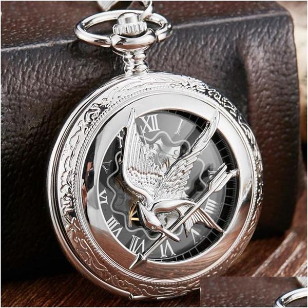 Orologi da tasca Retro Vintage Hollow The Hunger Games Mockingjay Mockingbird Orologio al quarzo Collana Catena Moda Sier Relo De Bolso Dro Dhf7R