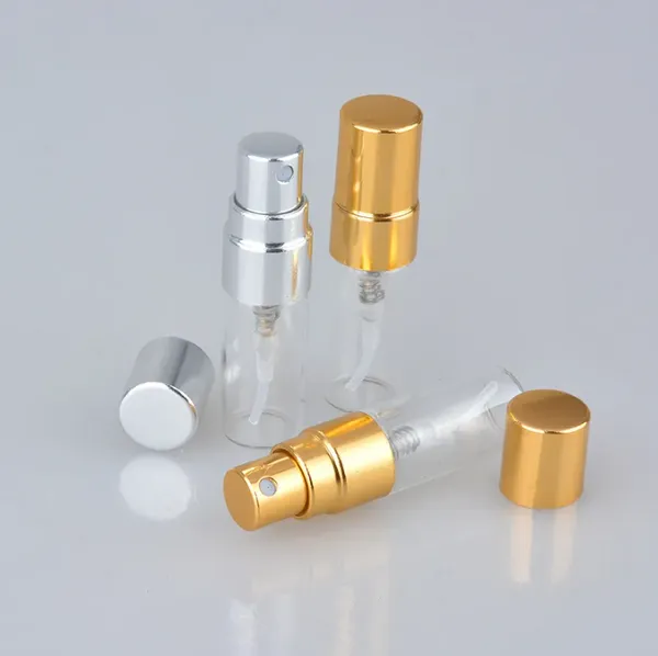 Großhandel 500 Stück 2 ml 2,5 ml 3 ml klare Sprühflasche leerer Glasbehälter mit schwarzem Silber-Gold-Pumpsprüher