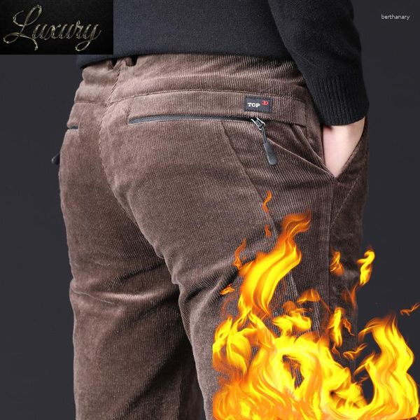 Pantaloni da uomo invernali in pile di cotone spesso tasca con cerniera calda pantaloni dritti maschili marroni neri velluto a coste casual elasticizzato