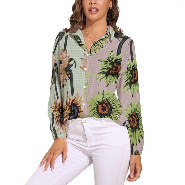 Camicette da donna Camicetta girasole bicolore Donna Girasoli astratti Art Street Wear Camicia ampia a maniche lunghe alla moda Top personalizzato Taglia grande