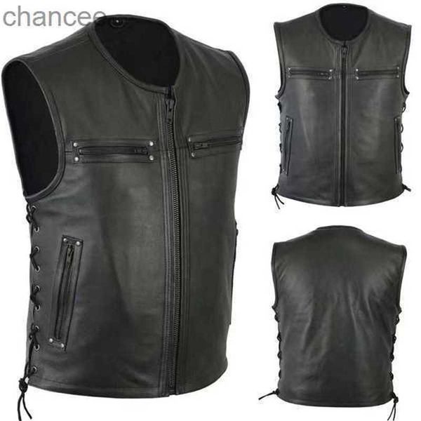 Männer Motorrad Leder Weste Einfarbig Große Tasche Ärmellose Biker Jacken Vintage Casual Weste Männlich Plus Größe S-5XL LST230831