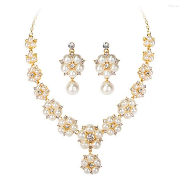 Halskette Ohrringe Set Damen Ohrring Eleganter Hochzeitsschmuck Kunstperle Blume Strass Kit für die Braut