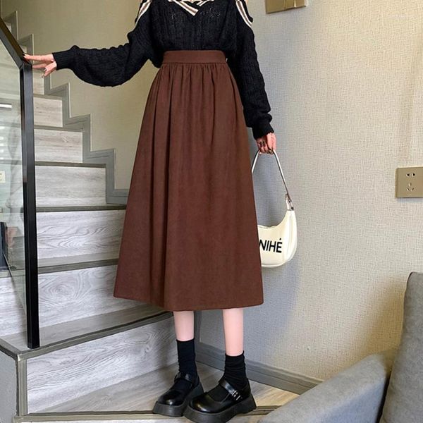 Gonne di velluto a coste lunghe Midi Donna Alta elastico in vita Gonna abito da ballo casual Autunno Inverno A-Line Party Streetwear Vintage M547