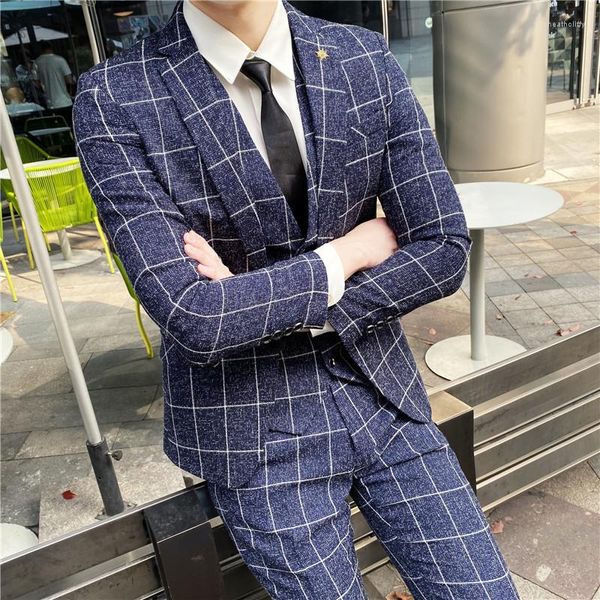 Ternos masculinos xadrez terno de negócios uniforme de escritório festa coreano fino ajuste único botão smoking tamanho asiático breasted