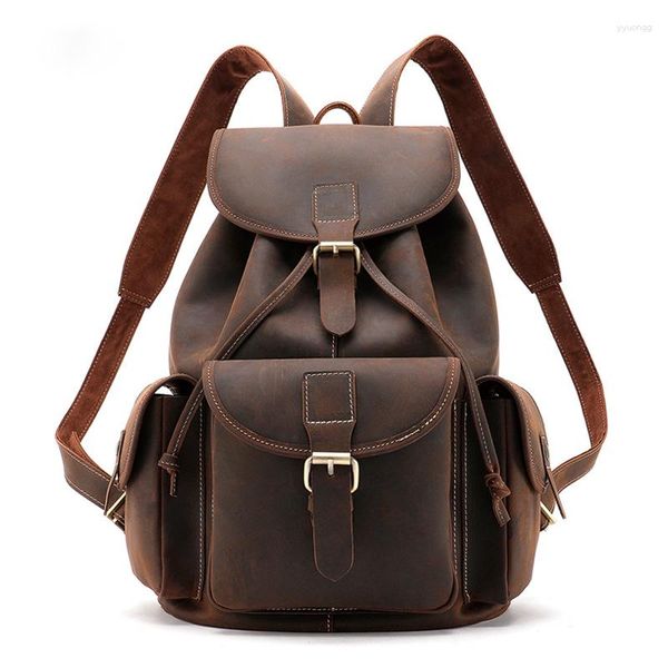 Rucksack Männlich Retro Erste Schicht Rindsleder Schule Für 13 Zoll Notebook Fahion Sport Eimer Tasche Große Kapazität Reisetaschen