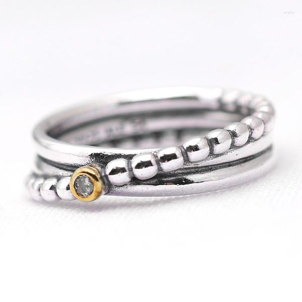 Cluster Ringe Liebe Twin Band mit Goldfarbe Detail Ring für Frauen authentische S925 Sterling Silber Dame Schmuck Mädchen Geburtstagsgeschenk