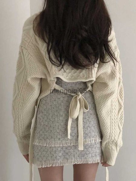 Suéteres femininos Houzhou Japonês Doce Lace Up Knit Sweater Mulheres Bonito Sexy Back Irregular V-Pescoço Solto Manga Longa Cropped Sweater Pullover HKD230831