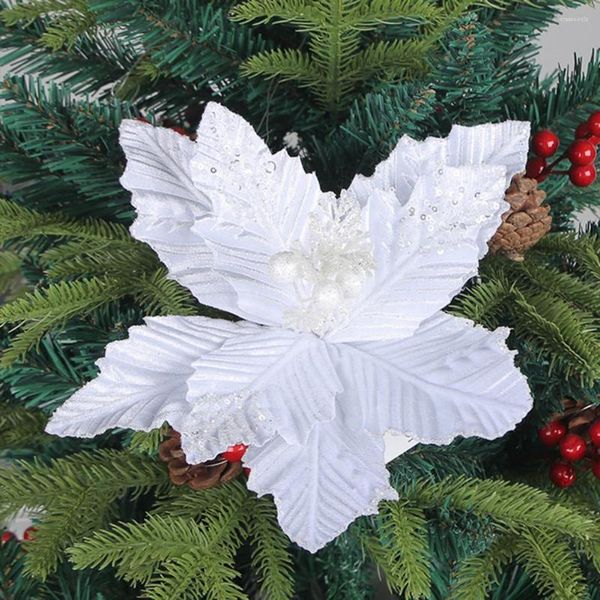 Flores decorativas cintilantes decoração de férias enfeites de flores artificiais festivas para decoração de árvore de natal de longa duração brilhante falso natal