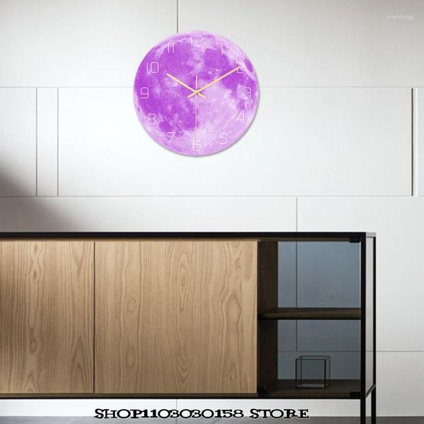 Relógios de parede roxo lua relógio luminoso luz verde nórdico sonho personalidade cor primária quarto corredor decoração