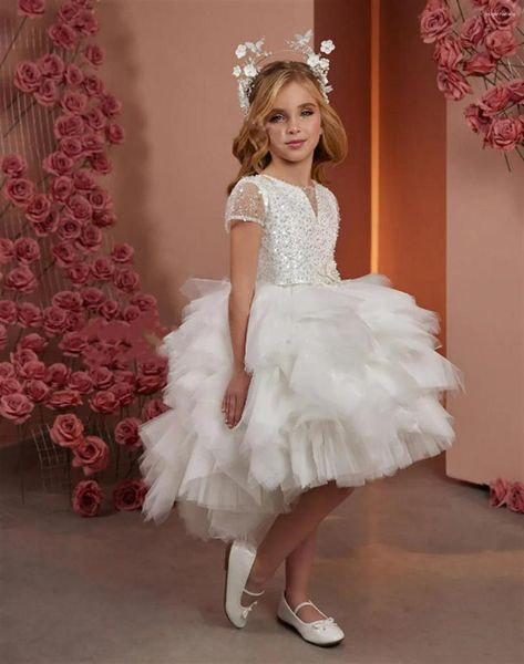 Vestidos de menina flor vestido branco brilhante em camadas tule saia casamento elegante criança primeira festa de aniversário eucarística