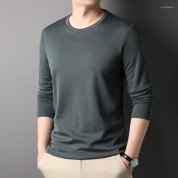Camisetas masculinas de alta qualidade de lã 4,7% camisa masculina cor sólida cor de pescoço redondo macio de manga longa tops casuais roupas