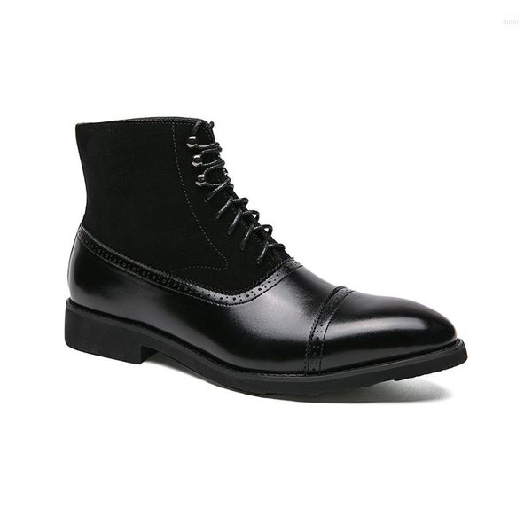 Botas Marrom Homens Curto Costura Faux Camurça Brogue Escultura Clássico Casual Tornozelo Couro