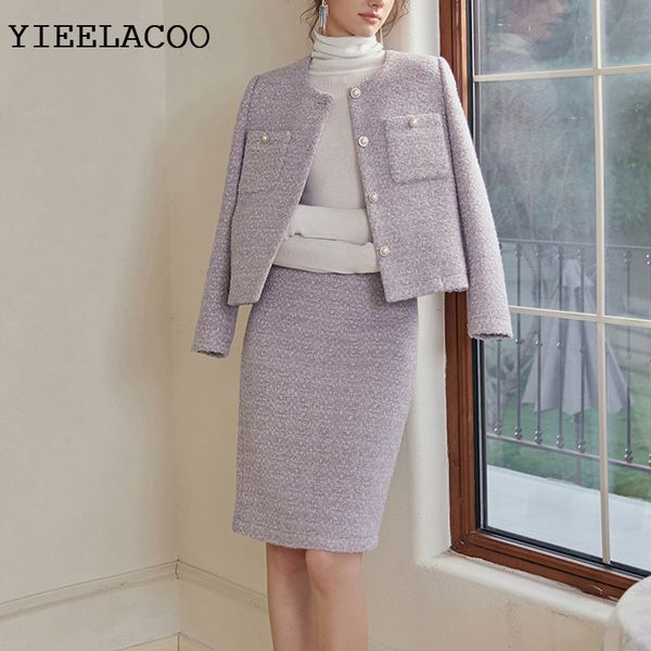 İki Parça Elbise Mor Tweed Ceket Etek Takım Profesyonel Set Saçak Ceket Kadınları Sonbahar/Kış 2 Parçalı Set 230831