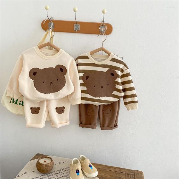 Set di abbigliamento per bambini 2023 Autunno Inverno Bambini Cartoon Bear Ricamo Felpa Pantaloni 2 pezzi Abiti per bambini Ragazzi Ragazze Abiti in cotone