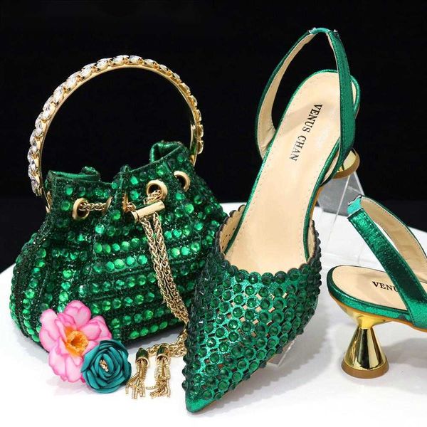 Lady Luxury Designer için Chan High Heels Green Renk Tam Elmas Ayak Ayak Ayakkabı ve Çanta Parti için Set 230807