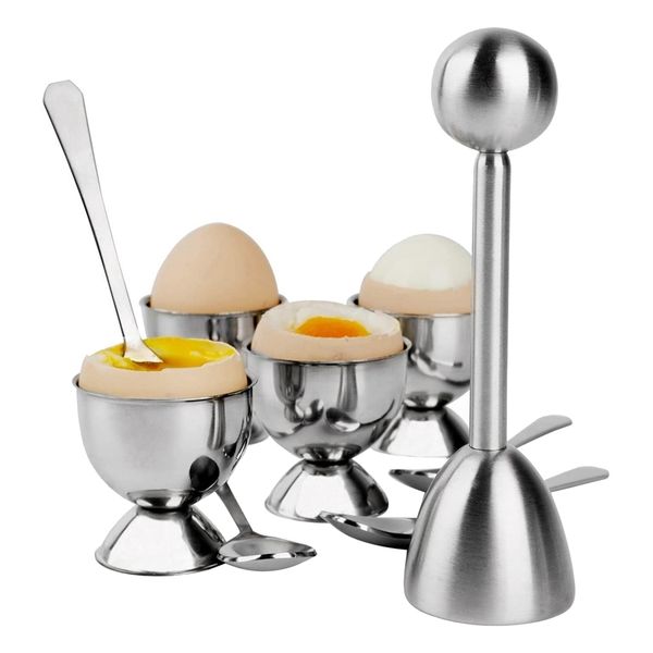 Egg Tools Eierknacker-Topper-Set aus Edelstahl für hartgekochte Eier, Trennhalter, 4 Löffel, 4 Tassen, 1 Schalenentferner, Oberschneider 230831