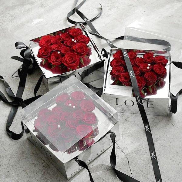 Envoltório de presente portátil flor caixa de embalagem minimalista espelho prata semi transparente buquê material decoração de casamento
