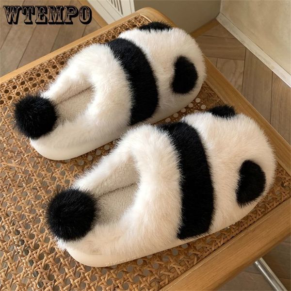 Тапочки милые животные панда зимняя внутренняя женщина плоская пушистая домашняя ватная туфли женская теплые нельшиные слайды 230831