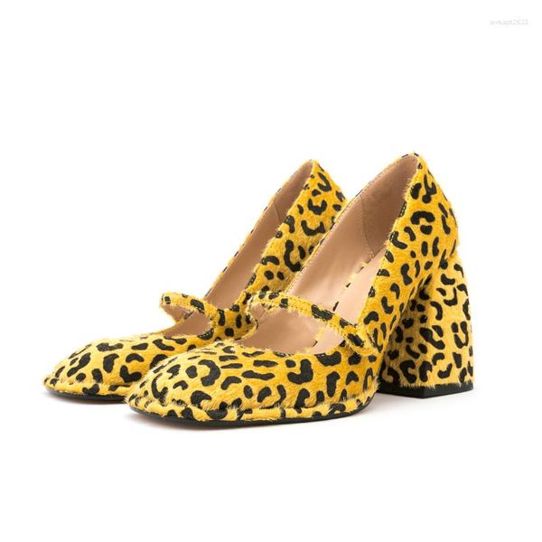 Sandálias 2023 Retro 9.5cm Salto Grosso Leopard Imprimir Mulheres Único Sapatos Boca Rasa Cabeça Redonda Sexy Banquete Bombas Tamanho 45 Trabalho