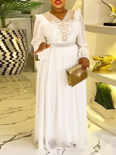 Abiti casual Donna Perline Ruffles Lusso Maxi Abito da sera da sera Scollo a V Manica lunga Classy A-line Fomal Event Robes Celebrate Gowns