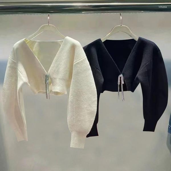 Suéteres femininos de alta qualidade com decote em V curto solto e design fino arco cardigan top pequeno casaco